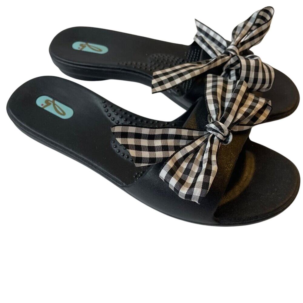 OKAb Madison Slide Sandals With Gingham Check Bow Size Medium (6.5-7.5)
